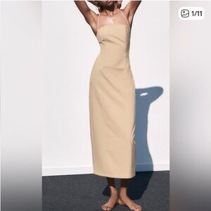 BNWT Zara Tan pinstripe spaghetti strap Halter midi Dress size M